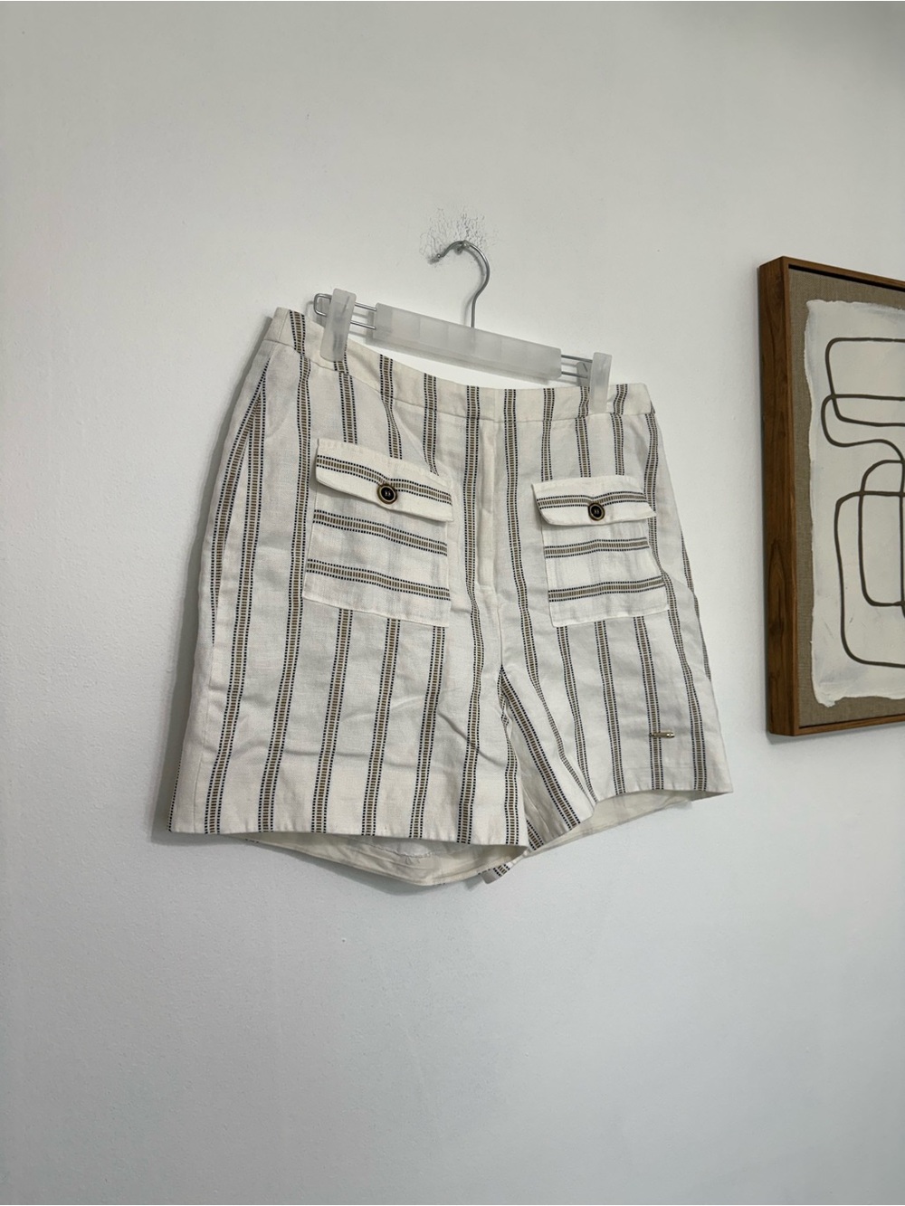 Ted Baker White and Gray Striped Linen-Blend Bermuda Shorts
